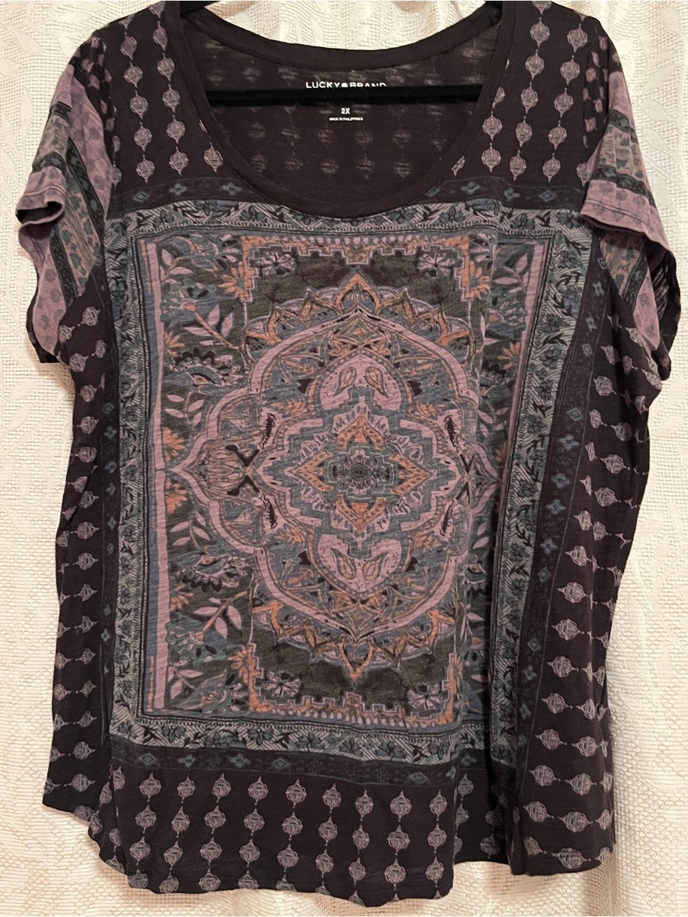 Lucky Brand muted Purple & Pink Printed on black Short-Sleeve Scoop Neck Top 2x
